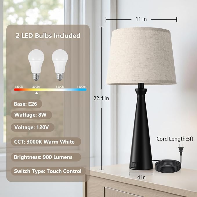 Modern Touch Lamps for Nightstand, 3 Way Dimmable Bedroom Lamp Set of 2 | USB C+A Charging Ports, Black Bedside Lamps for Bedroom, Living Room, End Table, Bed Side, LED Bulb Included