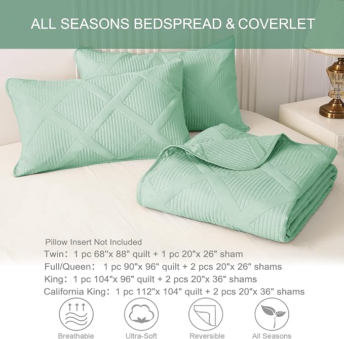 Exclusivo Mezcla Quilts Queen Size, Light Green | Soft Bedspreads with 2 Pillow Shams, Modern Striped Pattern, Lightweight Bedding Set Coverlets for All Seasons, 90x96 Inch