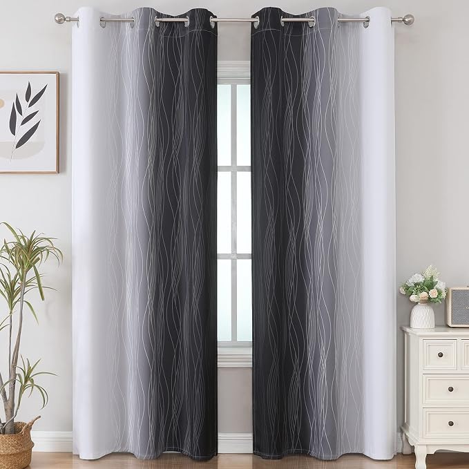 Black and Greyish White Ombre Blackout Curtains for Bedroom 42x84 Inch Long | Estelar Textiler Light Blocking Living Room Curtains, Room Darkening, Thermal Insulated Energy Saving Grommet Drapes,2 Panels
