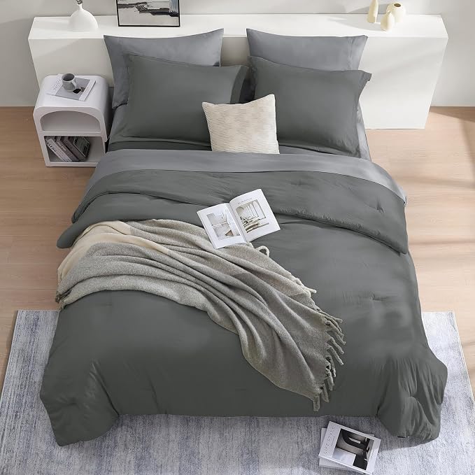 Queen Comforter Set-7 Pieces Soft Prewashed Bed in a Bag Queen Bedding Sets | All Season Comforter with Sheets, Pillow Shams & Pillowcases, Grey