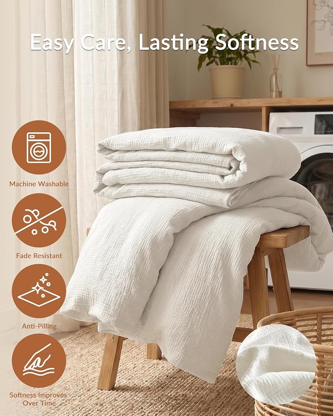 SE SOFTEXLY Muslin Duvet Cover King Size, 100% Washed Cotton Duvet Cover Set, Ultra Soft Comforter Cover Linen Like, 3 Pieces Minimalist Gauze Duvet Cover with 2 Pillowcases, 90"x104", White