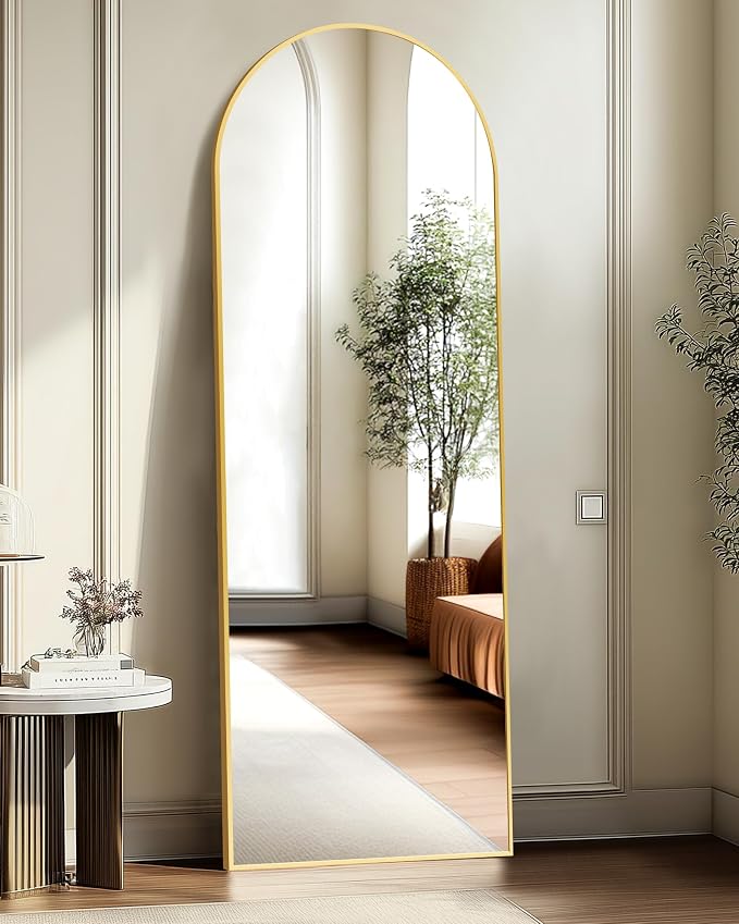Arched Full Length Mirror, 56"x15" Standing Body Mirror for Wall, Gold | Built-in Stand, HD Shatterproof Glass, Aluminum Alloy Frame, Hanging or Standing, for Bedroom, Living Room & Dressing Room