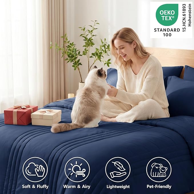 Queen Comforter Set Navy Blue - 7 Pieces Bed in a Bag | OEKO-TEX Certified, 240GSM Down-Alternative Comforter, 14" Deep-Pocket Sheets, Shams & Pillowcases, Lightweight
