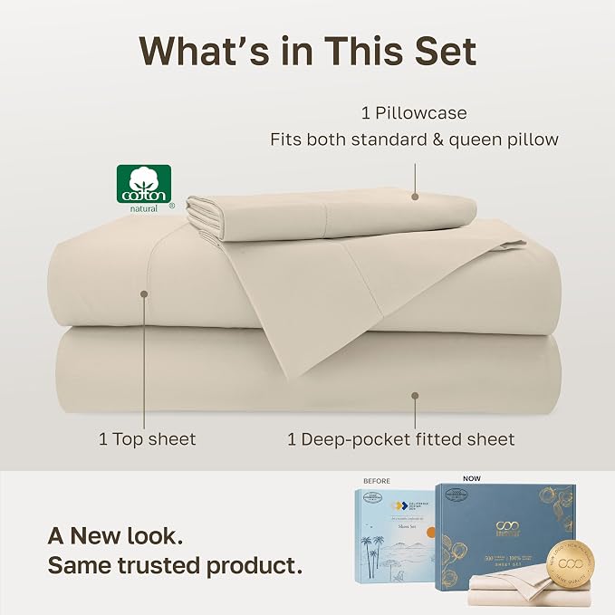 California Design Den 100% Cotton Sateen Twin Size Sheets, 3 Pcs Set, Beige | Soft 500 Thread Count Backed by Good Housekeeping Seal, All-Around Elastic, Durable, Easy Care, OEKO-TEX certified