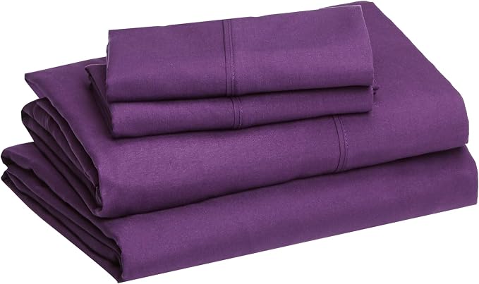 Amazon Basics Breathable Microfiber 4-Piece Bed Sheet Set with 14-Inch Deep Pockets, Wrinkle Resistant, King, Plum, Solid