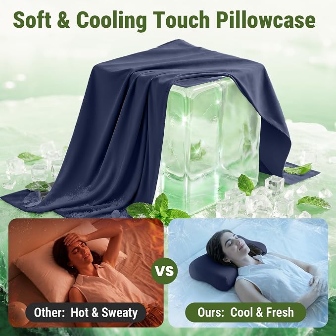 ZZ-WELL Neck Pillow for Sleeping - Memory Foam Pillows with Portable Storage Bag, Cooling Pillowcase - Soft Sleeping Pillow for Side Back Sleepers on Bed, Camping, Travel Size (Blue)