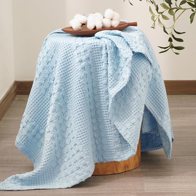 PHF Lightweight 100% Cotton Waffle Throw Blanket for Couch, Baby Blue | Pre-Washed Soft Cotton Comfort, Breathable Layering Warmth for Fall & Winter, Office, Travel, Sofa, Home Decor & Gifts
