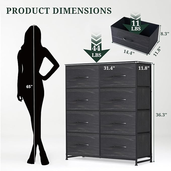 8-Drawer Dresser for Bedroom, Anti-Tip Tall Storage Organizer | Chest of Drawers with Wooden Top and Metal Frame Fabric Bins for Closet, Living Room, Hallway, Entryway, Charcoal Black
