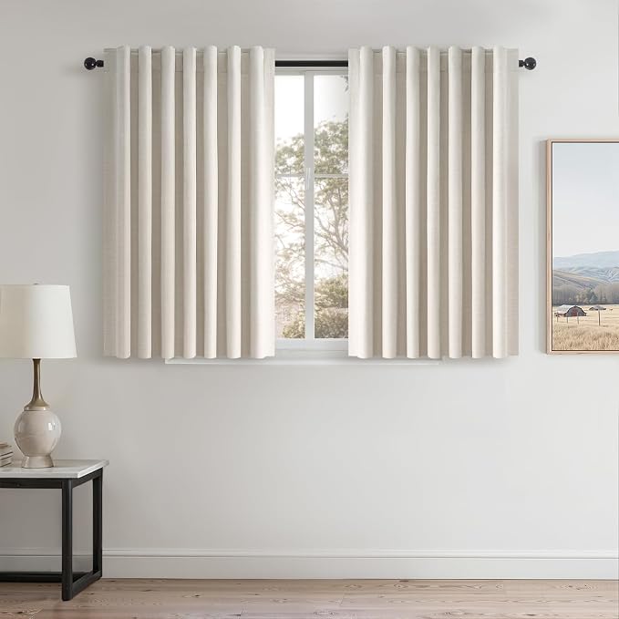 Topfinel 45 Inches Long Linen Blackout Curtains Tiers for Small Window 2 Panels Set Heat Blocking Thermal Insulated Short Drapes for Kitchen Bathroom Curtain Hook Belt Pleated Back Tab (W52 xL45)