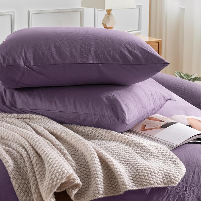 NEXHOME PRO King Duvet Cover Set, 100% Washed Cotton with Linen-Like Texture, Natural Organic, Breathable & Comfortable, Includes Home Bedding Set Dusty Purple (No Comforter) 10490