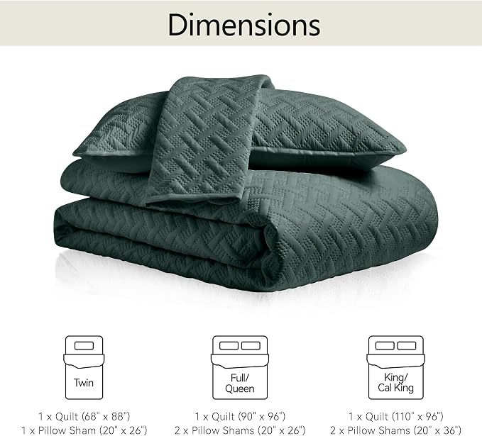 FLYMME Quilts Queen Size,Lightweight Forest Green Bedspreads,Basket Weave Pattern,Ultra Soft Microfiber Bed Coverlet 3 Pieces for All-Seasons (1 Quilt,2 Shams)