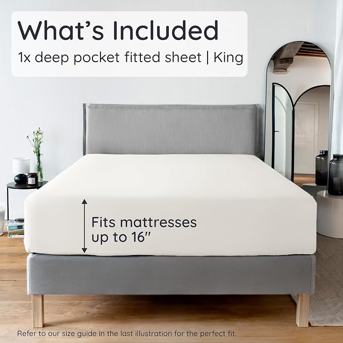Bambaw 100% Viscose Derived from Bamboo King Fitted Sheet with Elastic Corner Straps, Cooling Fitted Sheet King Size, 16’’ Pocket King Bottom Fitted Sheet Only, Breathable & Soft Fitted Sheet (Ivory)