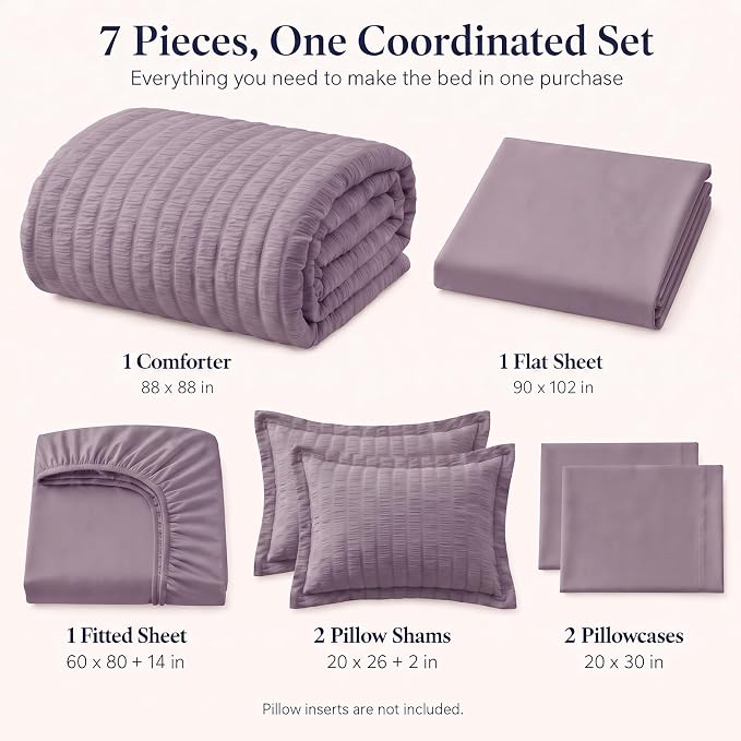 Queen Comforter Set, 7 Pieces Dusty Purple Seersucker Bed in a Bag | OEKO-TEX Certified, All Season Bedding Set with 240 GSM Down Alternative Comforter, Flat & Fitted Sheets, Pillowcases & Shams