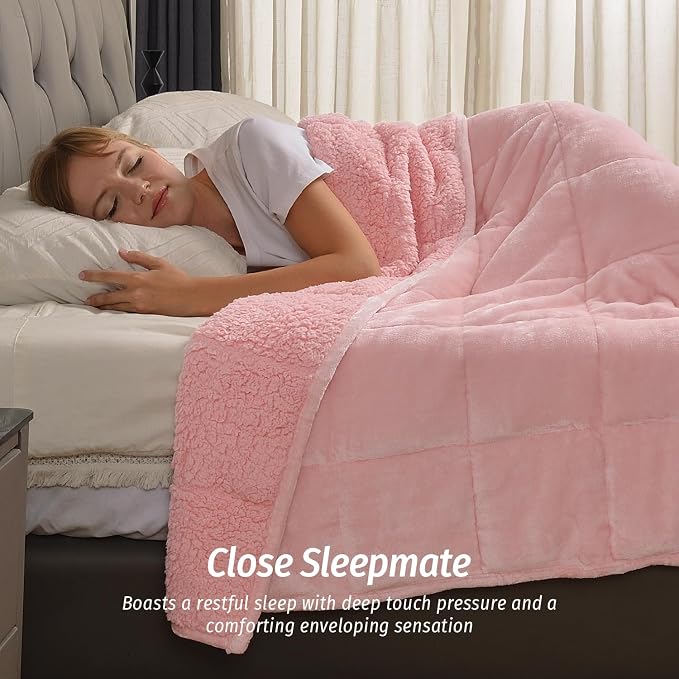Sherpa Fleece Weighted Blanket for Adult 20 lbs Queen 60"x80" Pink | Better Sleep, Relax Body & Mind, Dual Sided Soft Fuzzy Heavy Throw Blankets, Plush Flannel Top, Chunky Fluffy, Warm Hug