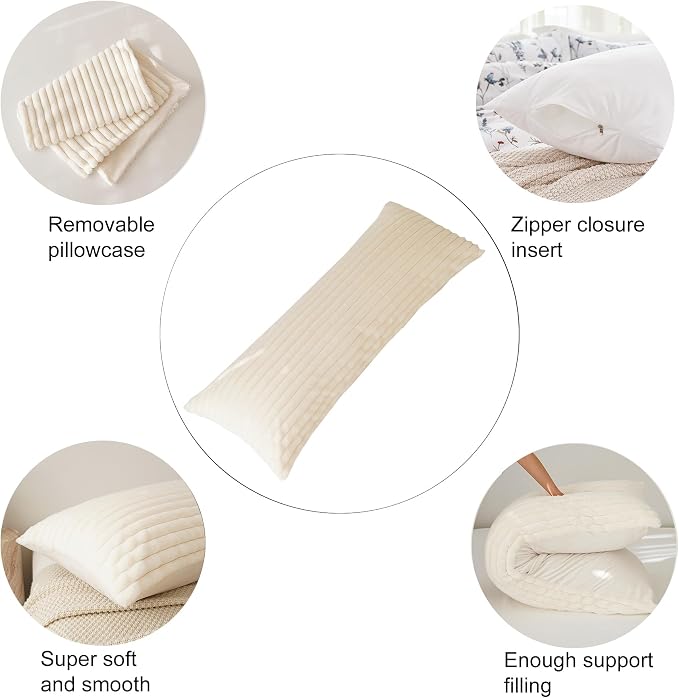 Full Body Pillow with Fluffy Stripe Faux Fur Removable Cover, Long Bed Pillow Adult 20x54 Inches for Side Sleeper and Pregnancy, Beige.