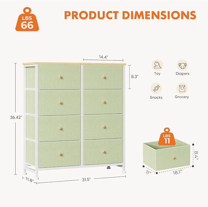 Sweetcrispy 8 Drawer Fabric Dresser, Tall Storage Tower for Bedroom | Spacious Clothes Storage, Anti-Tip Design, Easy-Pull Fabric Bins, Ideal for Bedroom, Closet, Living Room, Light Green