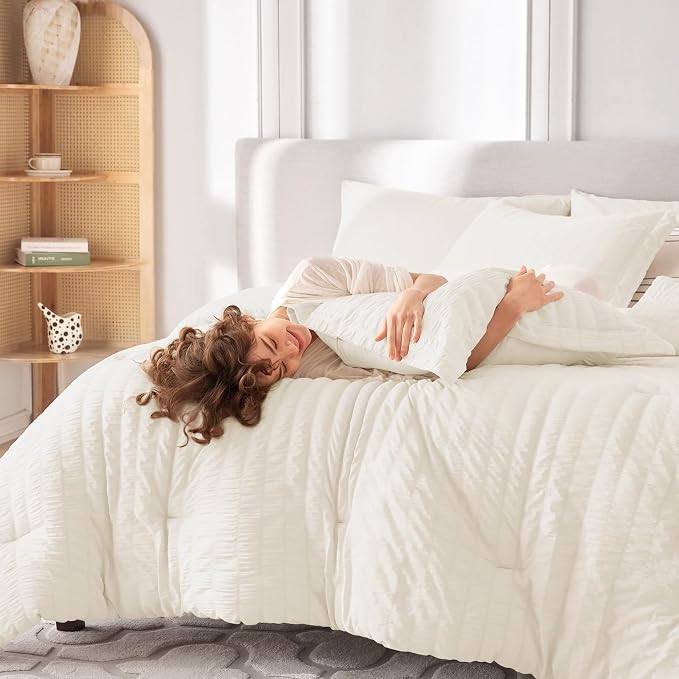 7 Pieces California King Comforter Set, Seersucker Bed in a Bag Cal King Size, All Season Luxury Bedding Set with Comforter, Flat Sheet, Fitted Sheet, Pillowcases & Shams, Ivory