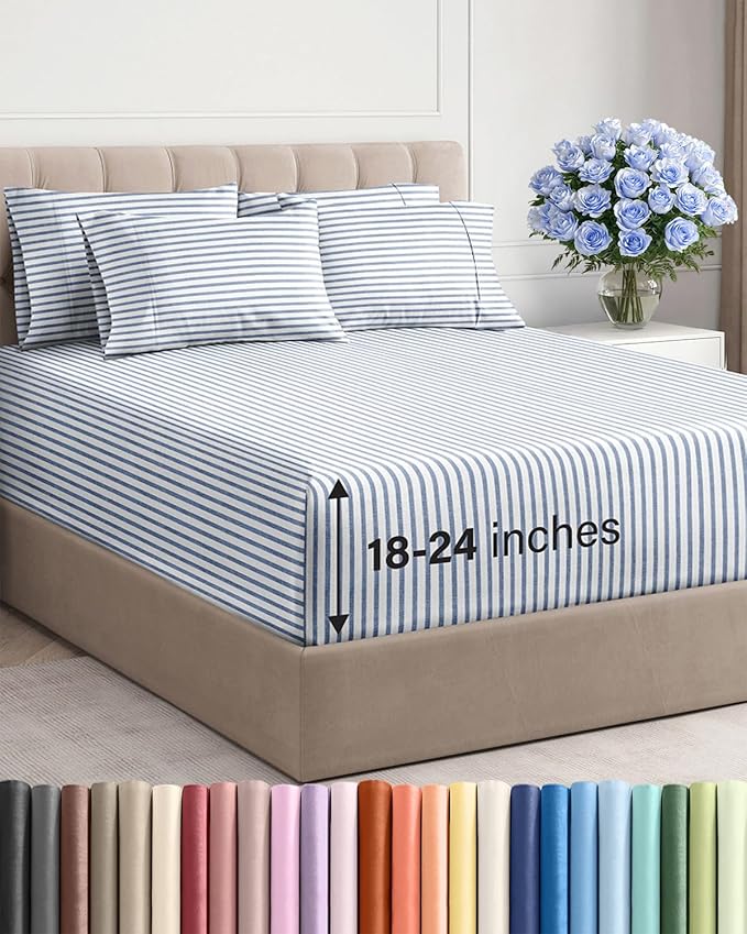 Extra Deep Cal King Sheet Set - 6 Piece Breathable & Cooling - Blue Stripes | Hotel Luxury Bed Sheets Set, Easy & Secure Fit, Ultra-Soft, Wrinkle & Fade Free, Comfy Sheets Set with Extra Deep Pockets