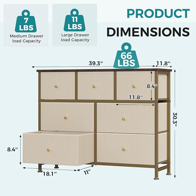 OLIXIS 7 Drawer Fabric Dresser, Storage Tower for Bedroom and Closet | Easy-Pull Bins for Closet Organizers, Chest of Drawers with Steel Frame & Wooden Top for Living Room, Entryway, Khaki
