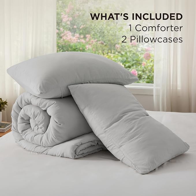 Bedsure Queen Comforter Set, Silver Grey Soft Prewashed Bedding for All Seasons, 3 Pieces GentleSoft Bed Set, 1 Lightweight Comforter (90"x90") and 2 Pillowcases (20"x26")