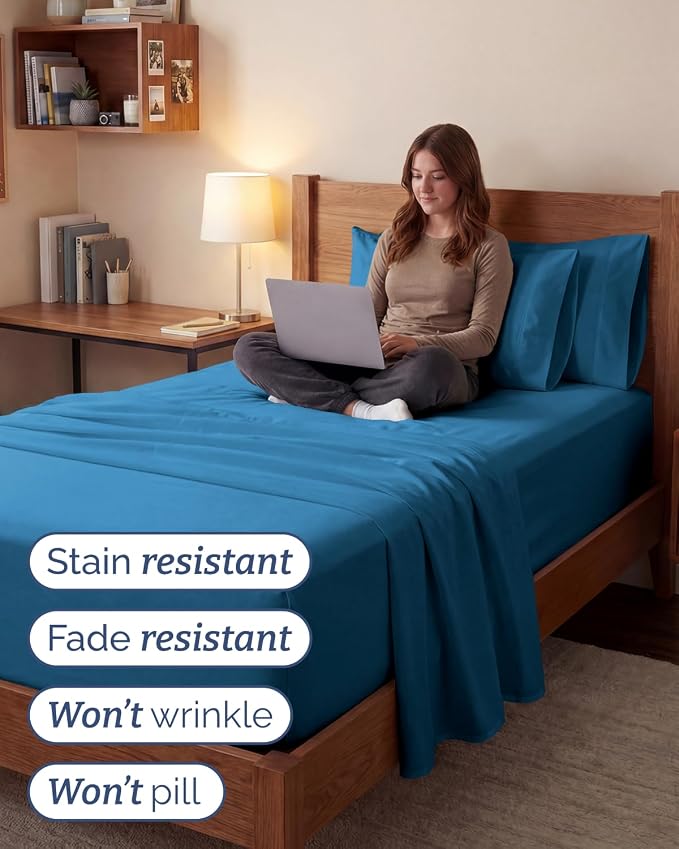 Extra Deep Twin XL Sheet Set - 4 Piece College Dorm Room - Denim Blue | College Dorm Room Essentials, Easy & Secure Fit, Ultra-Soft, Wrinkle & Fade Free, Comfy Sheets Set with Extra Deep Pockets
