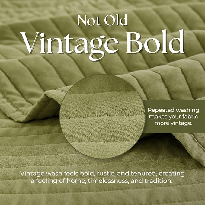 DOWN HOME Cali King Quilt Bedding Set with Shams, Vintage Washed Quilted Blanket Thin Comforter Lightweight Bedspread Coverlet Bed Cover, Brushed Microfiber Stripe Stitching, Golden Olive, 111"x92"