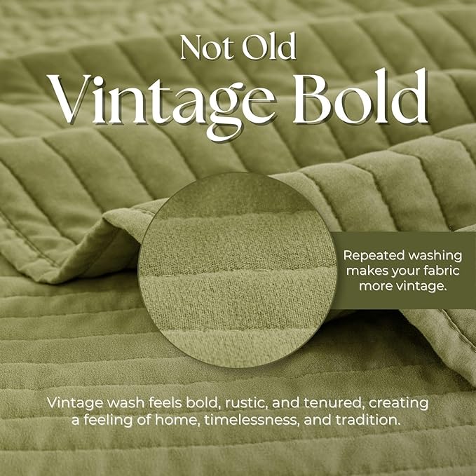 DOWN HOME Twin Quilt Bedding Set with Sham, Vintage Washed Soft Quilted Blanket Thin Comforter Lightweight Bedspread Coverlet Bed Cover, Brushed Microfiber Stripe Stitching, Golden Olive, 66"x92"