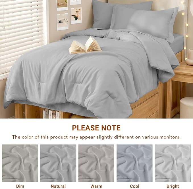 5 Pieces Twin XL Comforter Set, Soft Bed in a Bag Twin XL Size, All Season Bedding Set with Comforter, Flat Sheet, Fitted Sheet, Pillowcases & Shams, Light Grey