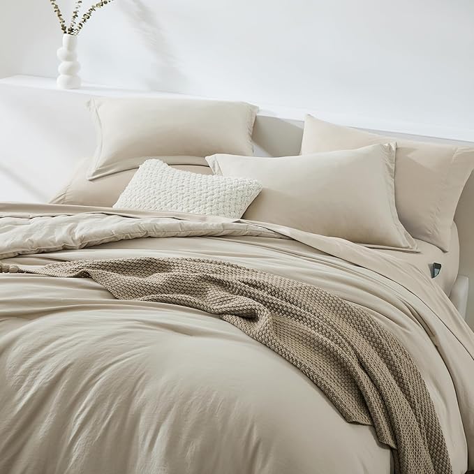 Oversized Queen Comforter Set -7 Pieces Soft Bed in a Bag Queen Bedding Set | Prewashed All Season Comforter with Sheets, Pillow Shams & Pillowcases,Light Oatmeal