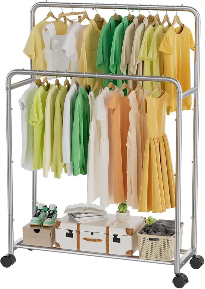Simple Trending Clothing Clothes Rack, Double Rod Garment Rack, Silver | Portable Closet with Bottom Shelf, Anti-Slip Stoppers, 360° Lockable Wheels, Multiple Uses, Bedroom, Laundry Room