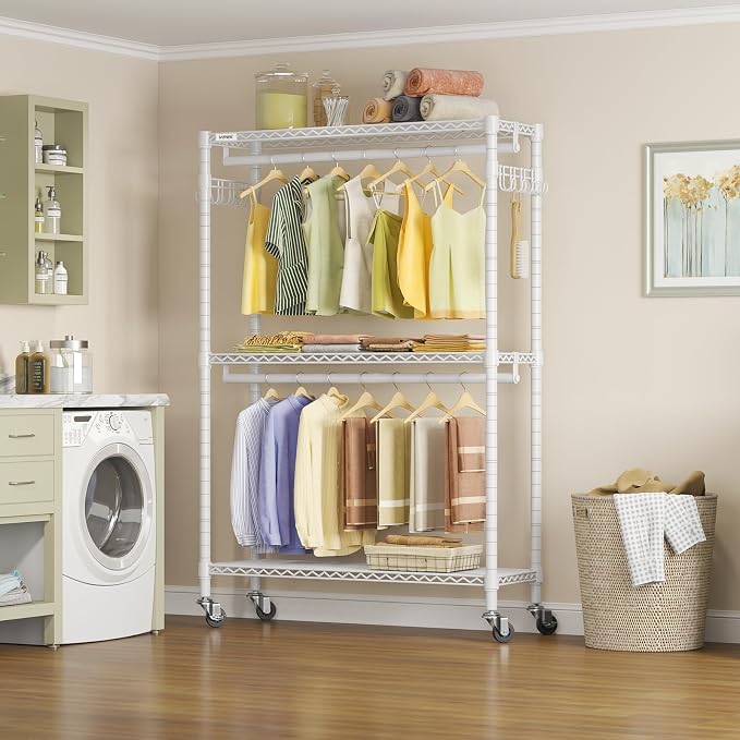 VIPEK R2 Plus Clothing Rack Heavy Duty Rolling Closet for Hanging Clothes | Lockable Silent Wheels, Double Hanging Rods, Adjustable Wire Shelving, Metal Side Hooks, Load 650lbs, for Laundry Room, White