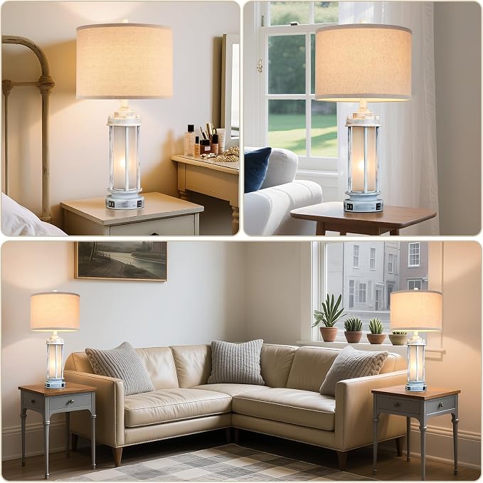 AIEAMPDO 25" Set of 2 Antique White Rustic Table Lamps 2 USB C+A Ports | Vintage Farmhouse Design With Glass Night Light. Nightstand Lamps For Living Room, Bedroom And Dorms, 4 Bulbs Included
