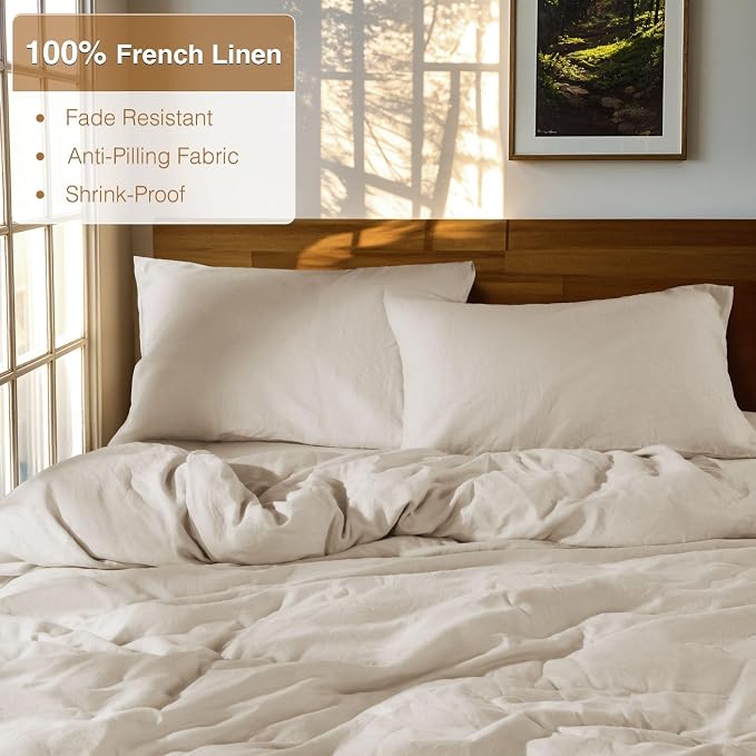 SONORO KATE 100% French Linen Queen Duvet Cover Set,Zipper Closure,3PC | Natural French Flax,Soft Breathable for Hot Sleepers,Moisture Wicking & Durable,4 Corner Ties,Natural Linen