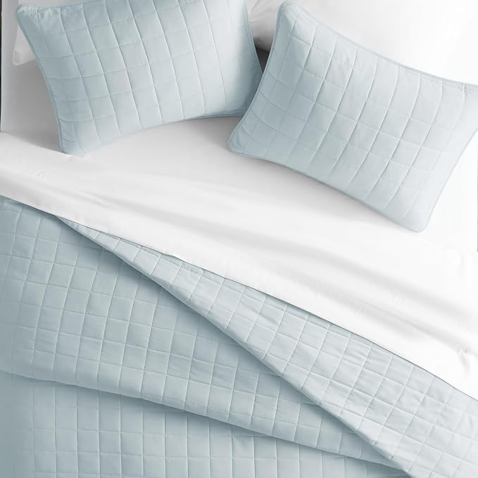 Merit Linens Classic Quilt Coverlet Soft Set in Square Stitching - Full/Queen Pale Blue