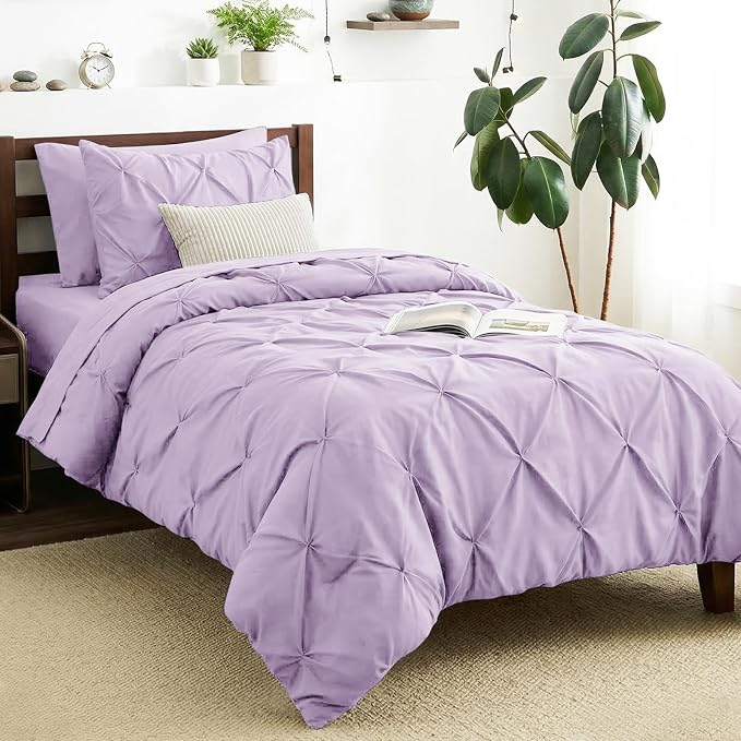 Twin XL Comforter Set Lavender, 5 Pieces Pintuck Bed in a Bag | College Dorm Essentials, OEKO-TEX 100 Certified, 240GSM All Season, Down-Alternative Comforter, Sheets, Pillowcase & Sham