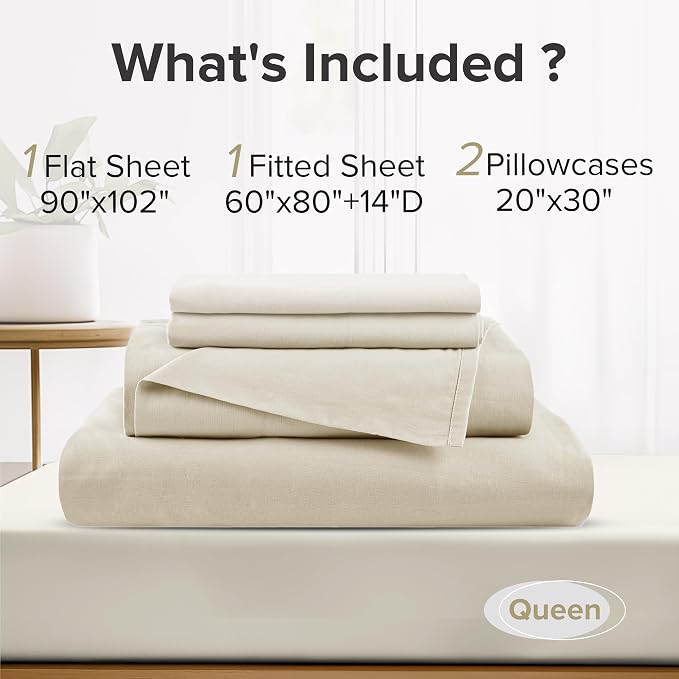 Comfort Spaces 100% Cotton Percale Sheets Queen Sheet Set 4 Pcs, Cream | Crisp, Cool & Breathable Bed Sheets, 14" Deep Pocket Fits Up to 16" Mattress, Lightweight, All Season Cozy, with Pillow Case