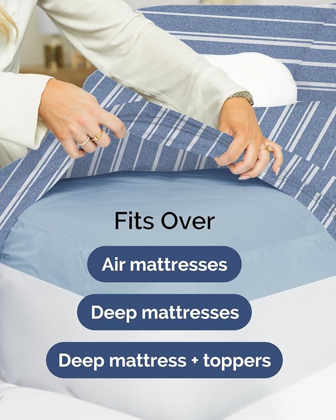 2 Pack Extra Deep Full Fitted Sheets with Extra Deep Pockets - Blue Stripes | Hotel Luxury Bottom Fitted Sheets Only, Soft, Fade & Wrinkle Free, Breathable & Comfy, All Around Elastic Fitted Sheets
