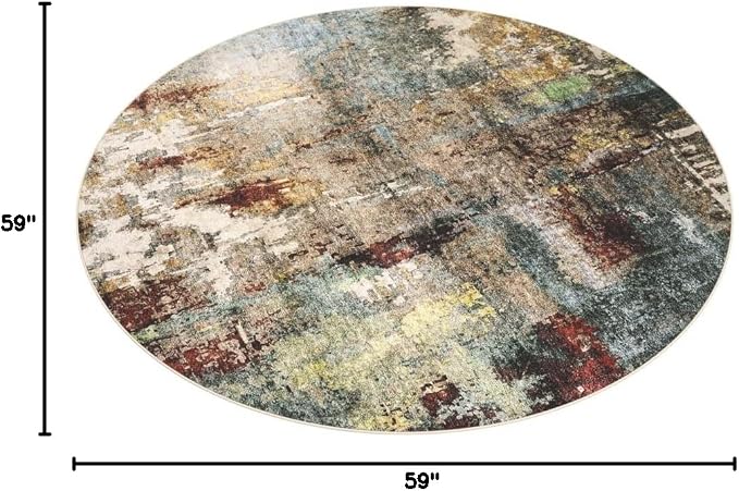 Lahome Modern Abstract Round Rug 5ft - Washable 5x5 Circle Rugs for Bedroom Dining Table Non Slip Non-Shedding, Soft Floor Carpet for Living Room Nursery Dorm Kitchen,Red/Multi