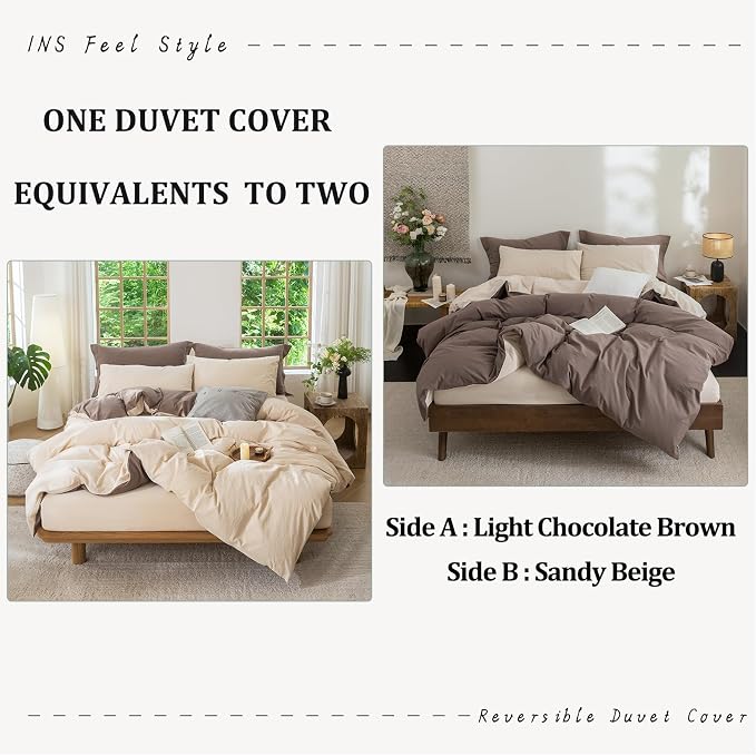 BDEAR 3Pcs Reversible Duvet Cover Set King Size 104" Wx90 L,Brown and Beige | 100% Washed Cotton, 1 Duvet Cover with 2 Pillowcases, Zipper Closure, OEKO TEX Standard,8 Corner Ties,Linen-Liked Texture