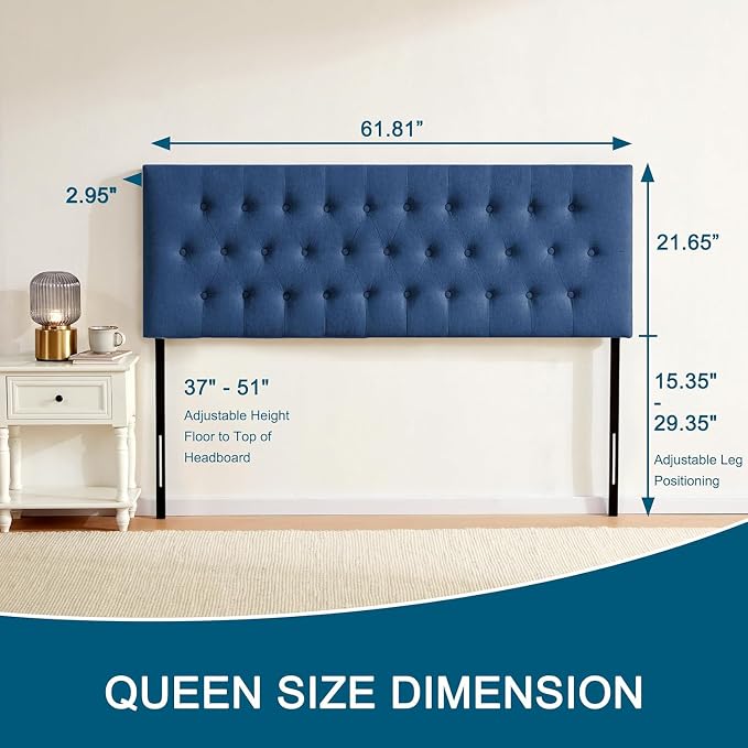 Tufted Upholstered Headboard Queen Size, Adjustable Height 37- 51 in, Blue | Sturdy and Durable Solid Wood Bed Headboard, Fabric Queen Headboard Only, Modern Button Diamond Design Head Board