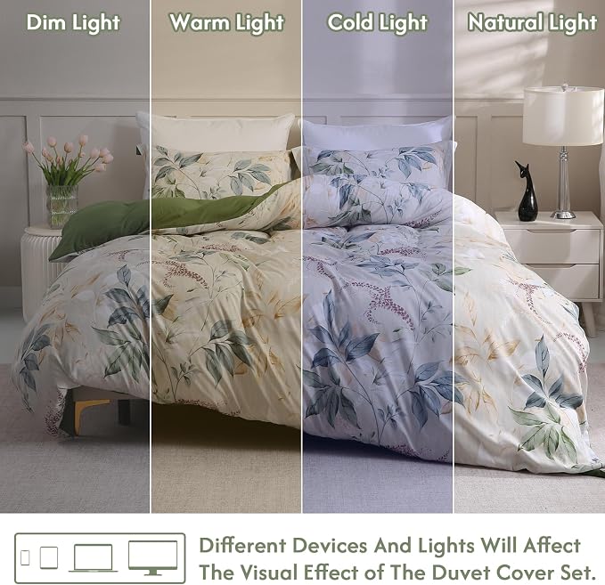 LONAVA King Botaincal 3 Pcs Duvet Cover Set, Breathable Soft Microfiber Forest Green Lining Comforter Cover with Zipper Closure, and 2 Anti-Pilling, Fade Resistant Pillowcases, Lavender