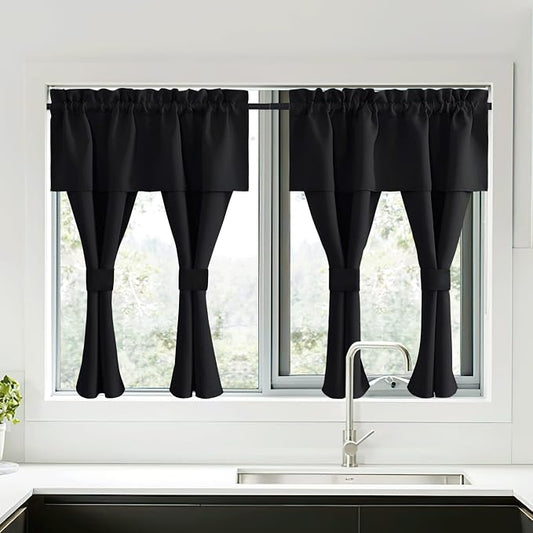 NICETOWN Black Blackout Curtains with Attached Valance, Solid Room Darkening Window Treatment Drapes/Draperies for Bedroom (2 PCs, 52 inches Wide by 45 inches Long)