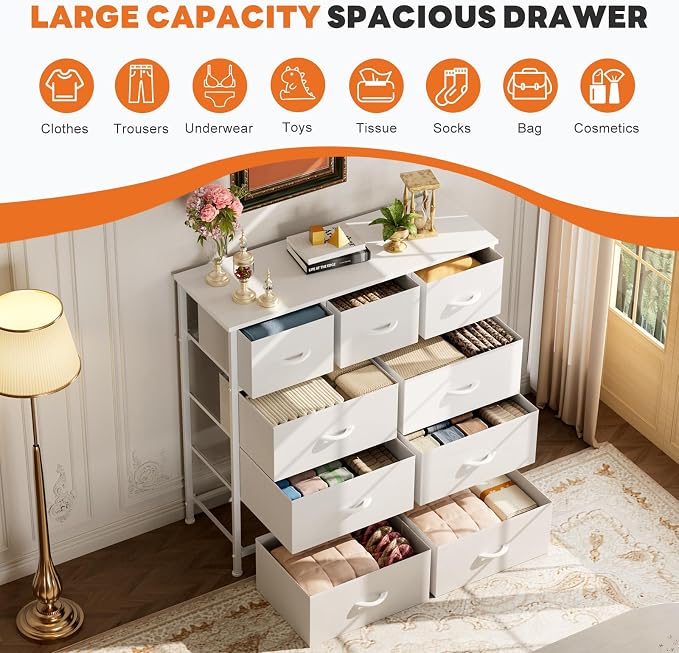 Sweetcrispy 9 Drawer Fabric Dresser Storage Tower Drawer Organizer, White | Sturdy Steel Frame with Wood-top, Easy-pull Handle, Space-Saving Organizer Chest for Bedroom, Closet, Lightweight and Stable