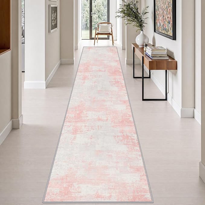 2.6x14 Washable Runner Rug:Modern Abstract Soft Carpet Pink White | For Hallway, Bedroom, Kitchen, Laundry, Bathroom,Door Mat,Modern Abstract,Machine washable,Non-Slip,Stain Resistant,Indoor