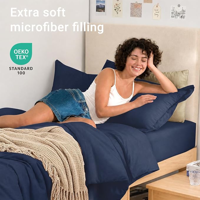 5 Pieces Twin XL Comforter Set, Soft Bed in a Bag Twin XL Size, All Season Bedding Set with Comforter, Flat Sheet, Fitted Sheet, Pillowcases & Shams, Navy Blue
