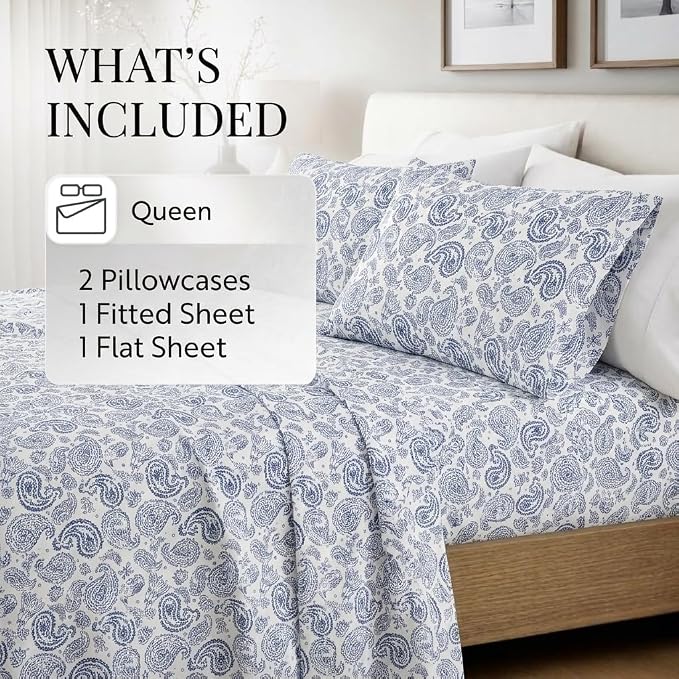 Linen Market Double-Brushed Patterned Microfiber Queen Sheet Set 4 Piece – Oeko-TEX Certified Ultra Soft & Wrinkle-Free - 16" Deep Pocket Sheets - Easy Care Queen Size - Coarse Paisley Navy