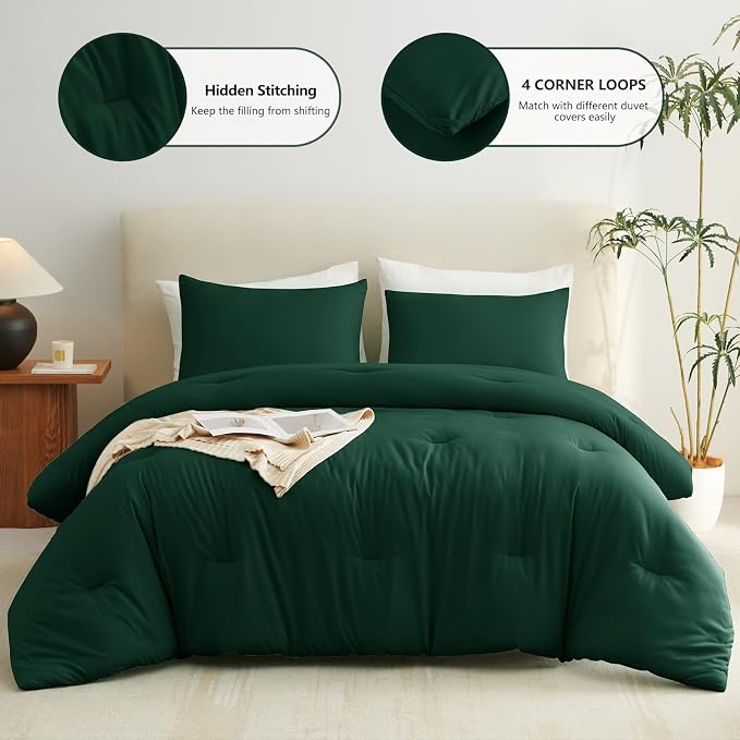 Twin Comforter Set, 2 Pieces Down Alternative Bedding Emerald Green | 270 GSM Twin XL College Dorm Comforter with 4 Corner Ties Use as a Duvet Insert, OEKO-TEX Certified, 1 Pillowcase, 68 x 88 in