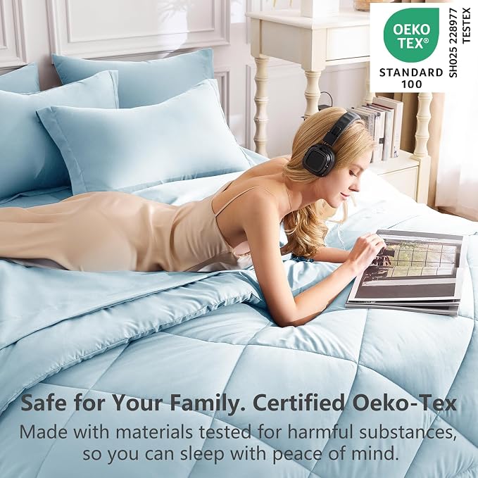 Full Size Comforter Sets Light Blue - 7 Pieces Complete Bedding Set | OEKO-TEX Certified, All Season, 240GSM Down-Alternative Comforter, Sheets, Pillowcases & Shams, 14" Deep Pocket, Easy Care