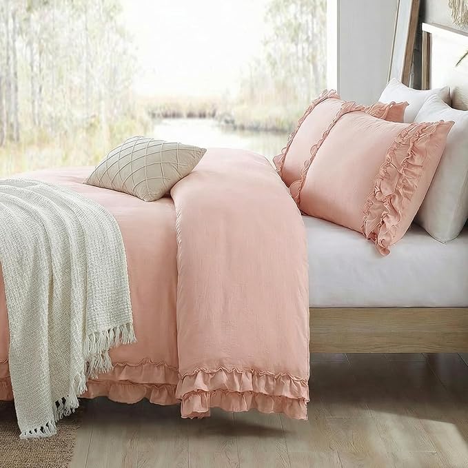 Pink Ruffled Duvet Cover Girls Coquette Bedding Set Cute Lace Fringe Ruffle Bedding Shabby Chic Farmhouse Style Super Soft Cozy Elegant Cover Cover Set Twin Size