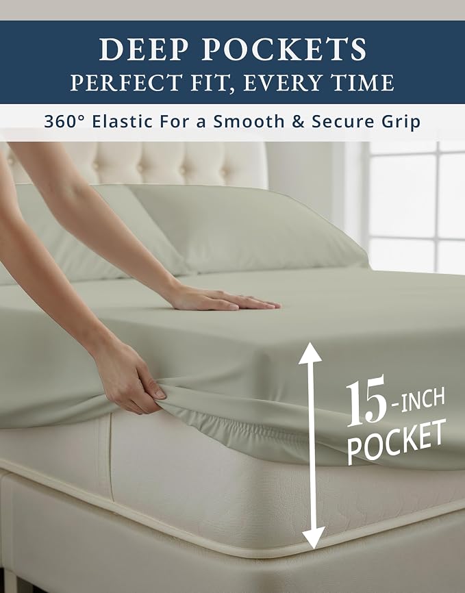 LANE LINEN King Sheets Deep Pocket 100% Egyptian Cotton Sateen - Mineral | King Size Bed Sheets - 4-Piece Set, Long-Staple Egyptian Cotton, For A Cool, Restful Sleep, Elevates A Master Suite